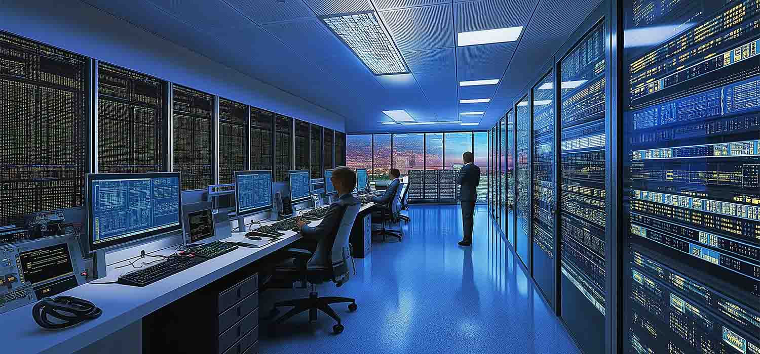 IT professionals managing cloud computing services in a high-tech control room.
