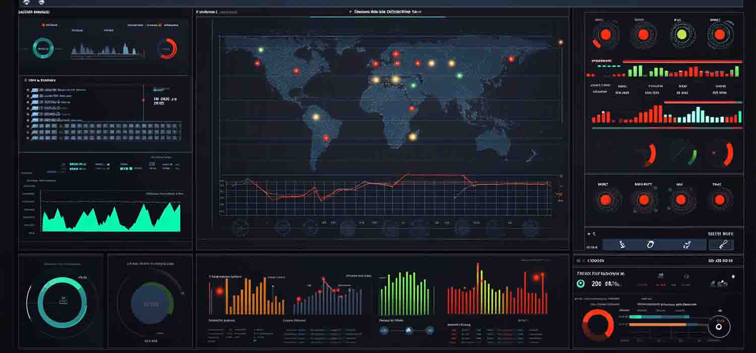 Remote monitoring dashboard showing network performance and alerts