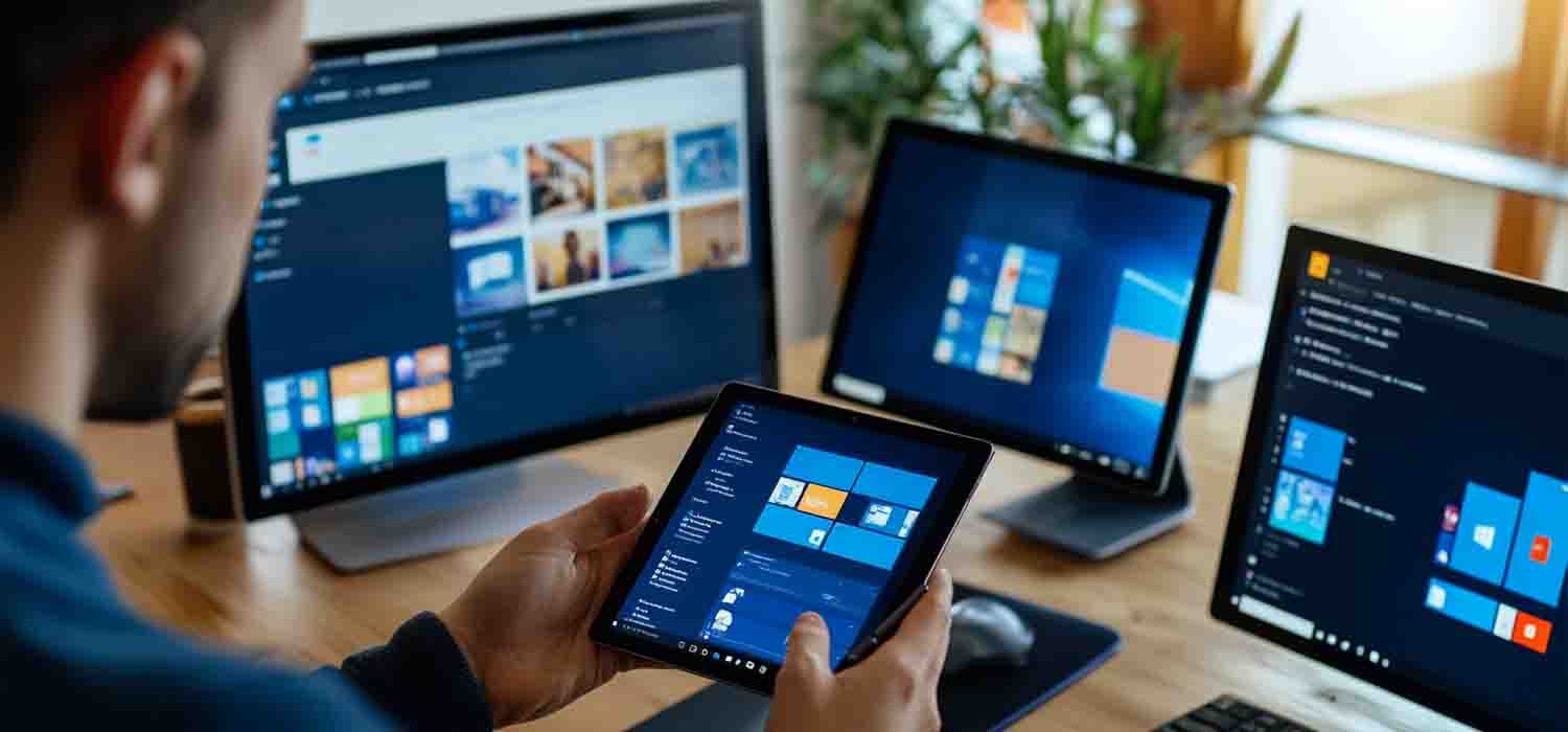 IT technician setting up Microsoft 365 Business on multiple devices—PCs, tablets, and smartphones—in a small office