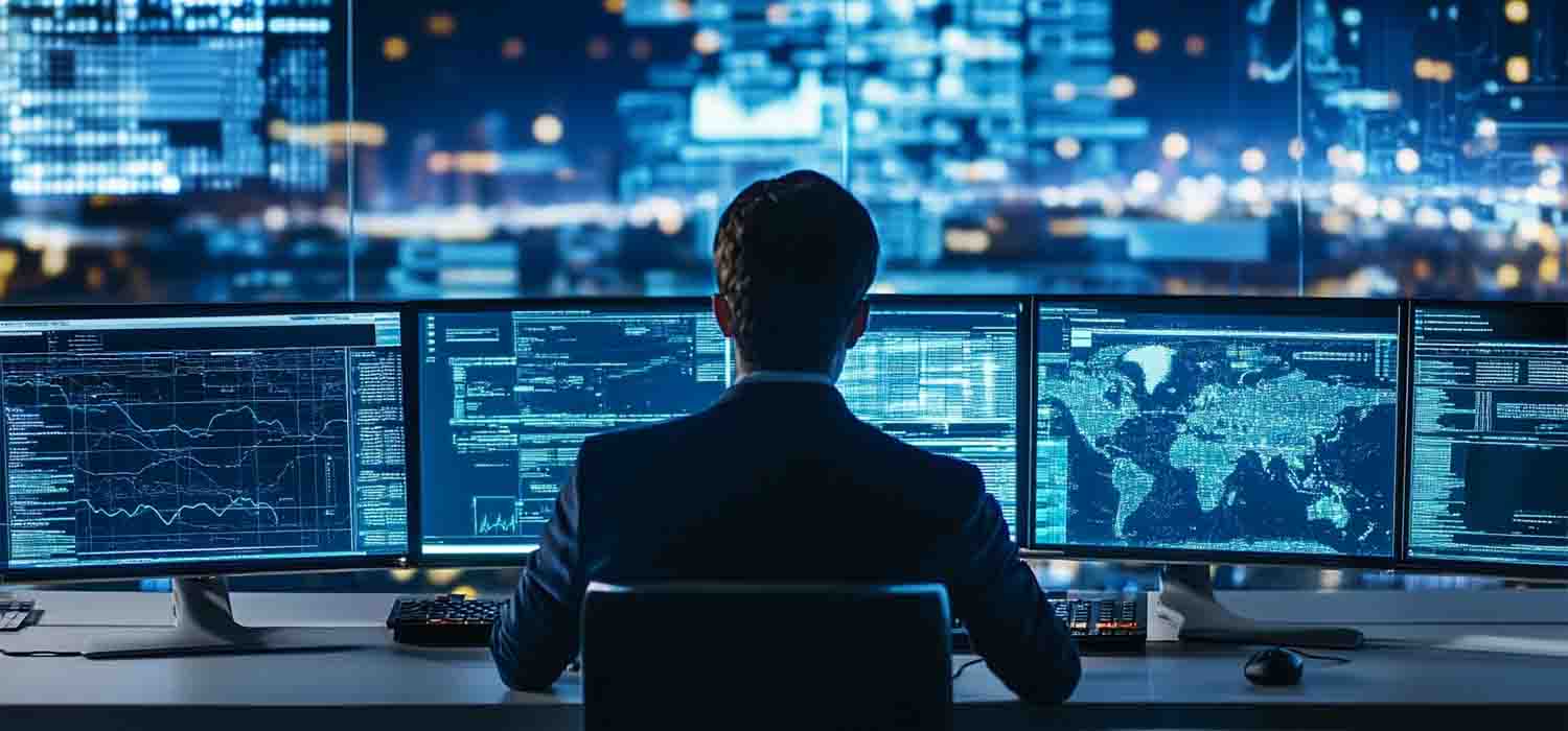 Cybersecurity expert monitoring real-time data in a digital control room