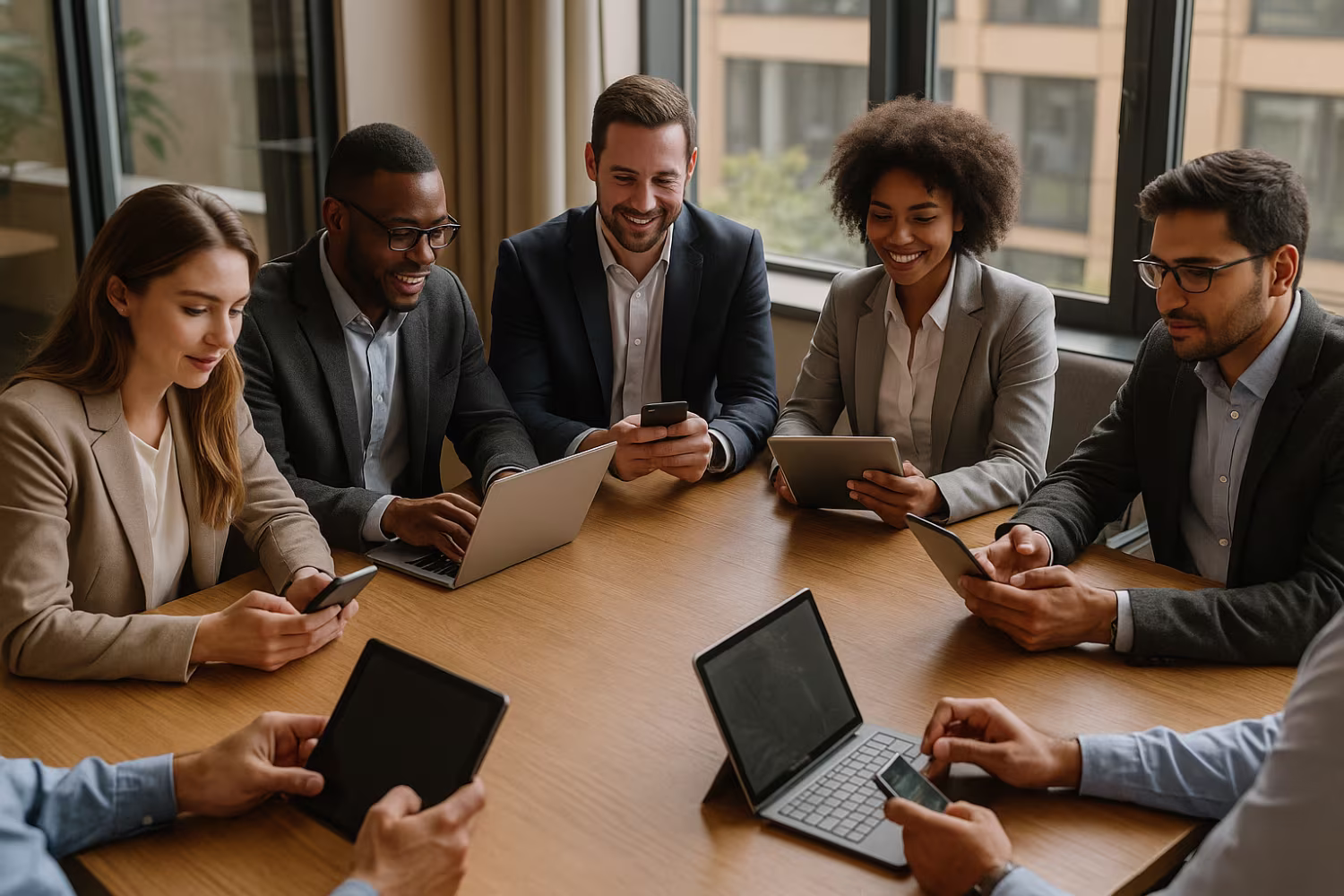Diverse professionals practicing mobile device management