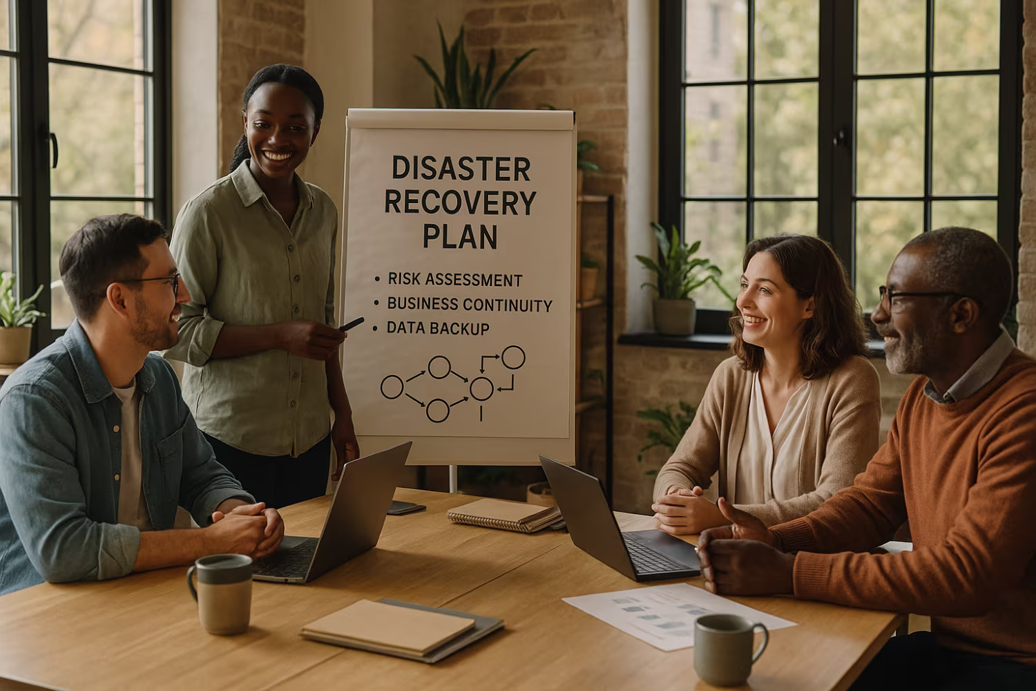Diverse team discussing disaster recovery planning