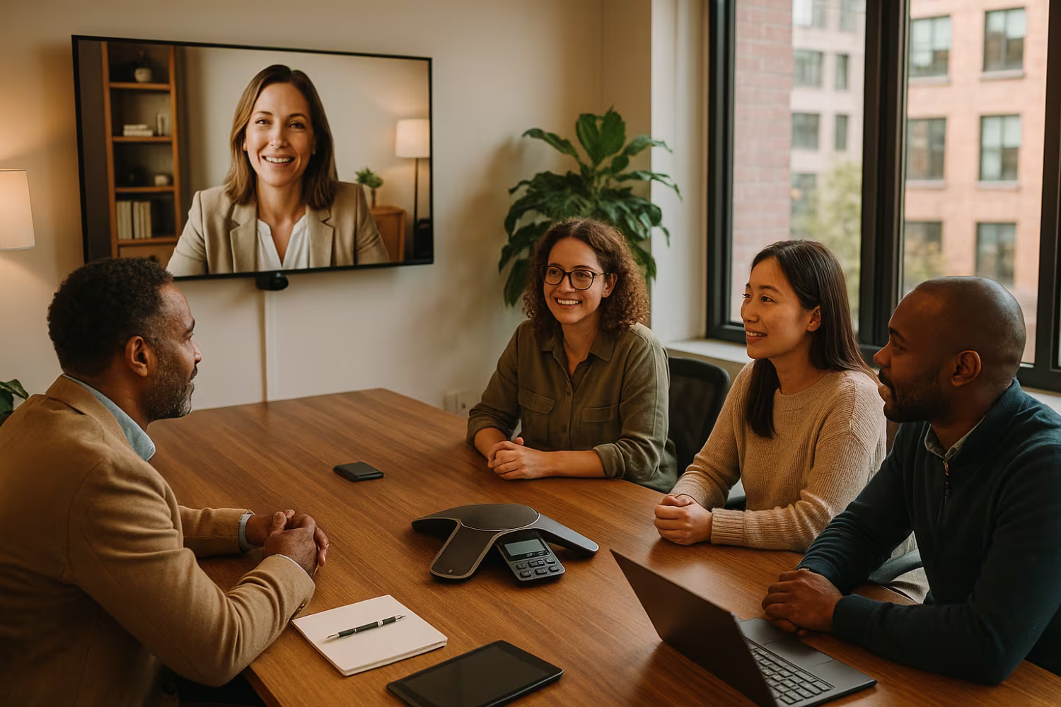 Diverse professionals in unified communications conference