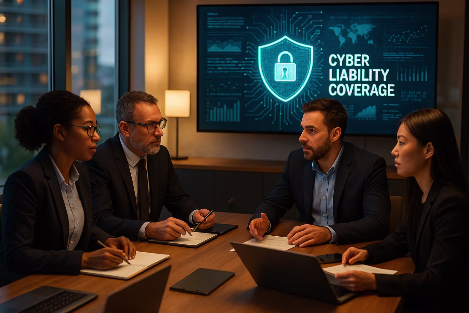 Diverse IT team discussing cyber liability coverage