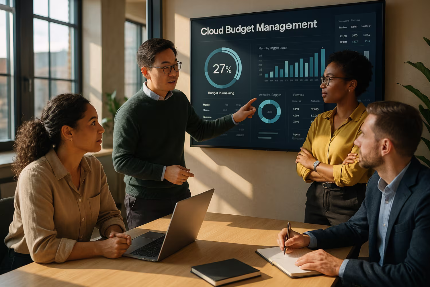 Diverse team discussing cloud budget management